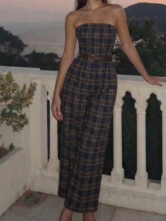 Pants - Multicolor Plaid Women's Belted Zipper Strapless Long Loose Jumpsuit